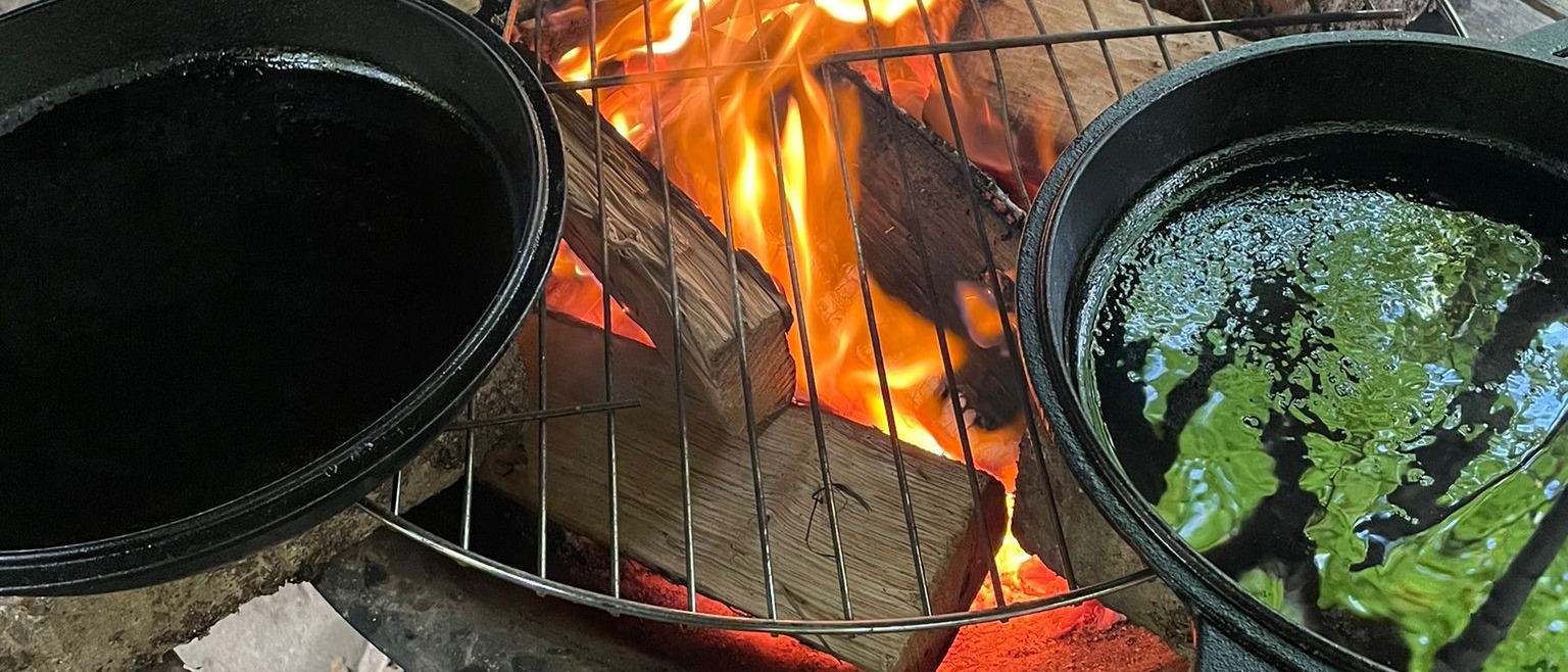 Food cooking on a campfire