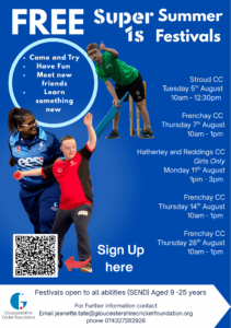 A poster showing 3 people playing cricket, andgiving information in the text 