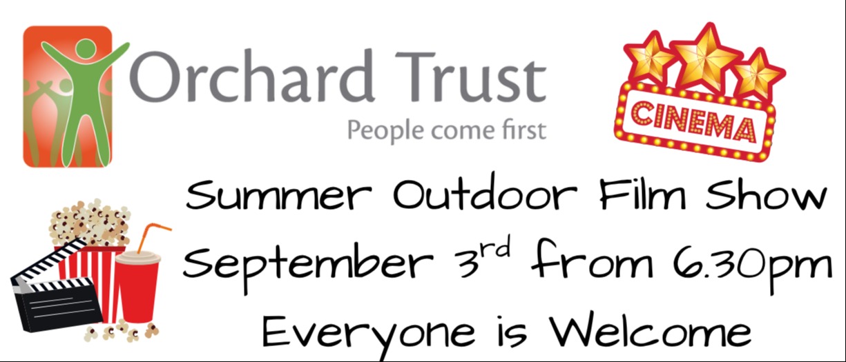 Orchard Trust logo with date and time of film show and images of film reel, drink and popcorn