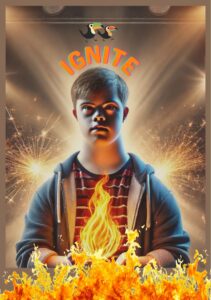 A young teenager is holding flames in the upturned palms of his hands