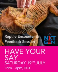 Photo of a hand stroking a Bearded dragon. Reptile encounters & Feedback session. Saturday 19th July 11am - 3pm 
